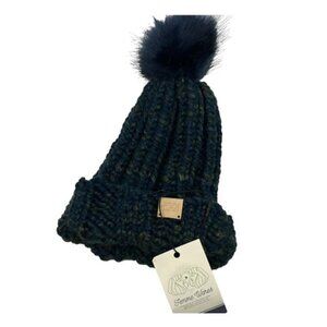 NWT Femme Wares Marled Knit Pom Pom Crochet Knit Blue Toque Beanie